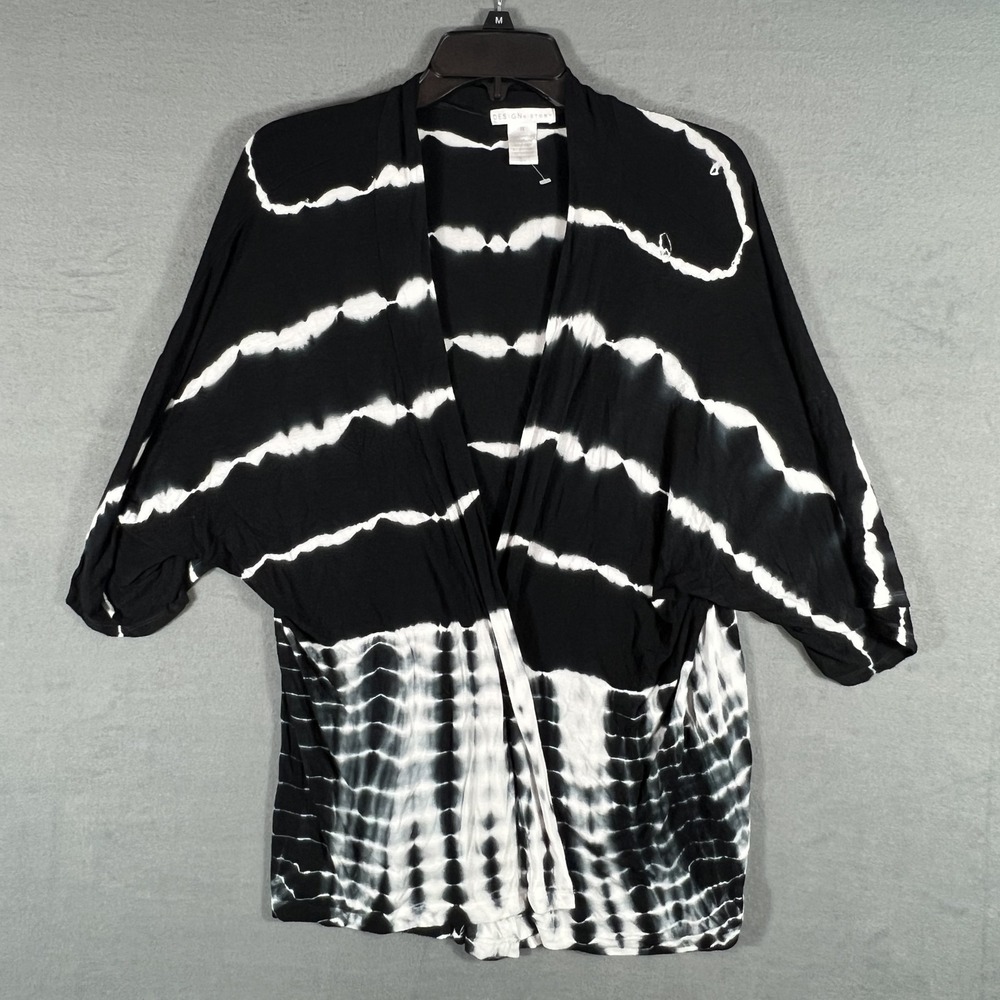 Design History Women's 1X Plus Black White Tie Dye Kimono Cardigan Open Front